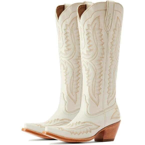 Shoes - Women's White Vintage Chunky Tall Knee High Heel Western Embroidery Boots